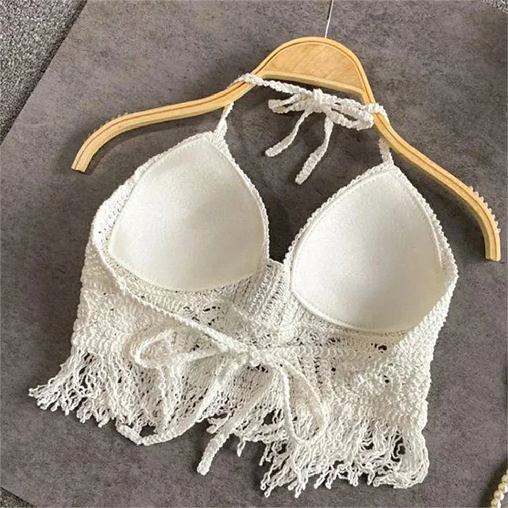 Hollow Out Underwear Women Sexy Summer Beach Short Tank Top Women Sweet Knitted Bra Tassel Women Short Top Debardeur Femme 2024