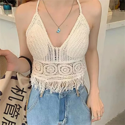 Hollow Out Underwear Women Sexy Summer Beach Short Tank Top Women Sweet Knitted Bra Tassel Women Short Top Debardeur Femme 2024